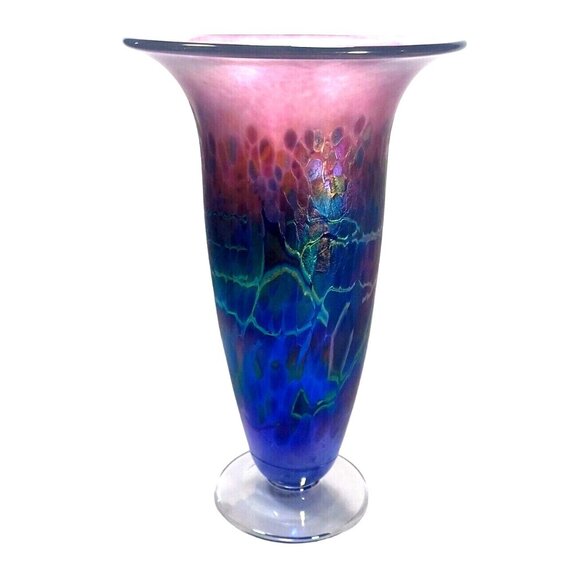 ROBERT HELD LARGE SIGNED TRUMPET CANADIAN IRIDESCENT ART GLASS ART DECO  VASE - Picture 3 of 16